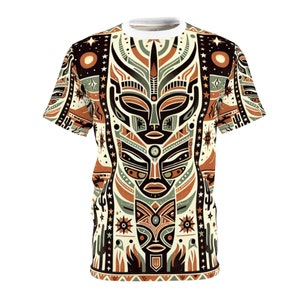 Symmetrical African Tribal T-shirt with Southwestern Totem, Warm Earthy Tones - African Tribal Pattern-Inspired Tee