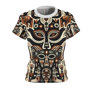 African Tribal & Southwest Fusion Totem Women&#39;s Tee: Geometric Nature-Inspired Print with Earthy Tones - African Tribal Pattern-Inspired
