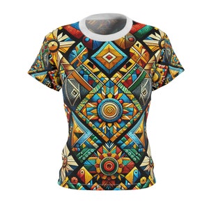 Vibrant African Tribal Diamond Grid Women&#39;s Tee - Bold Primary Colors, Intricate Geometric Storytelling - African Tribal Pattern-Inspired