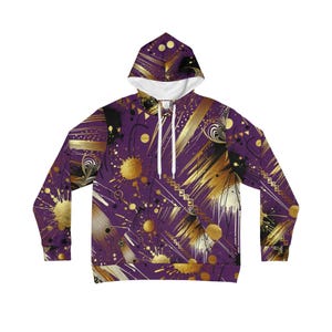 Abstract Expressionist Hoodie: Golden Brushstrokes, Purple Inkblot - Grunge Streetwear