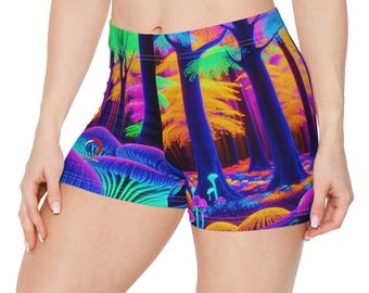 Blacklight UV Women&#39;s Trippy Forest Shorts - Neon Fluorescent Mushrooms, High-Detail 3D Foliage - Women&#39;s Blacklight Reactive Shorts