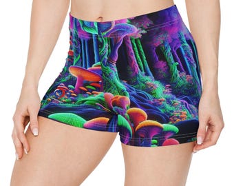 Psychedelic UV Forest Scene Women&#39;s Shorts - Realistic Neon Mushroom and Foliage Blacklight Glow - Women&#39;s Blacklight Shorts