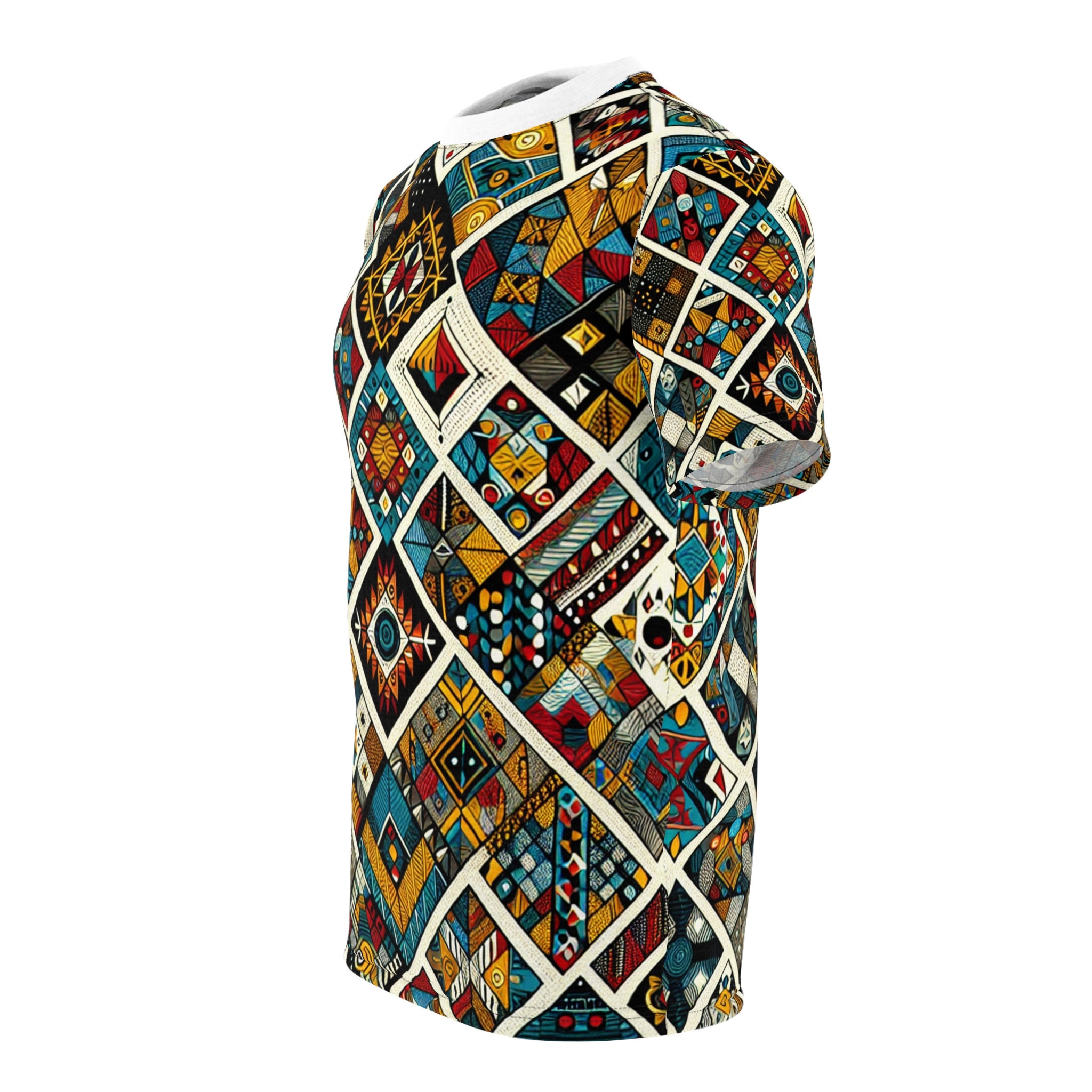 African Tribal T-shirt: Geometric Diamond Pattern, Vibrant Colors