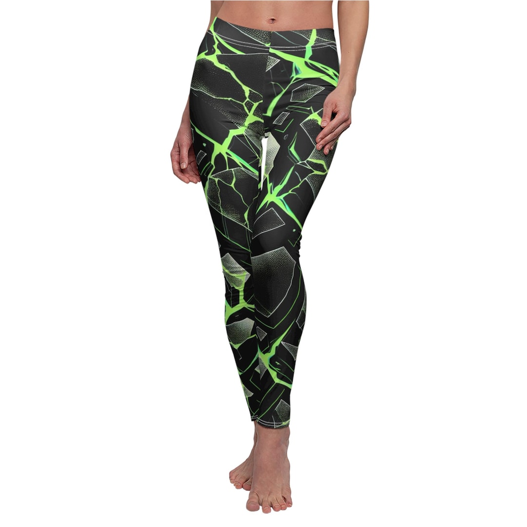 Fractured Mosaic Festival Leggings: Blacklight Reactive Neon Green