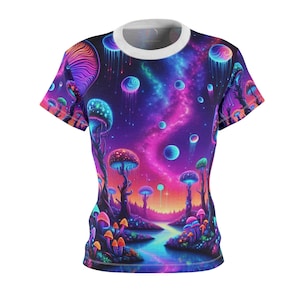 Hyper-Realistic Cosmic Forest Glow Tee: Vibrant Blacklight-Responsive, Fantasy Landscape, Women&#39;s T-Shirt - Women&#39;s Blacklight Apparel
