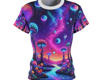 Hyper-Realistic Cosmic Forest Glow Tee: Vibrant Blacklight-Responsive, Fantasy Landscape, Women&#39;s T-Shirt - Women&#39;s Blacklight Apparel