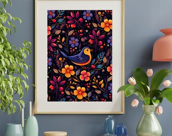 ボタニカルバードプリント、マキシマリストフローラルウォールアート（デジタルダウンロード）