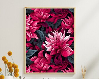Botanische magenta bloemenprint, maximalistische muurkunst (digitale download)
