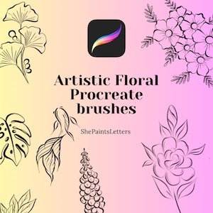 May include: An image with a gradient background of yellow and pink, featuring black line art of floral and botanical elements. The text reads "Artistic Floral Procreate brushes" with the logo of the Procreate app.