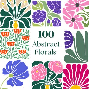 Può includere: Immagine quadrata con nove disegni floreali astratti disposti a griglia. I disegni presentano fiori rosa, viola, arancioni e blu, con foglie verdi. Il testo "100 Abstract Florals" è al centro.
