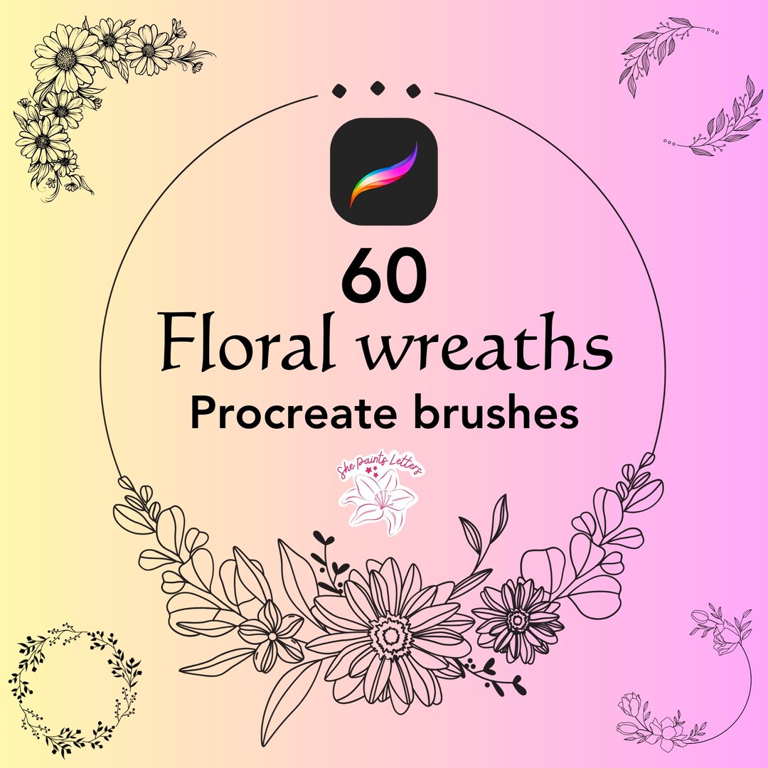 Flower Wreath Procreate Brushes, Fine Line Stamp Set (digital Download ...