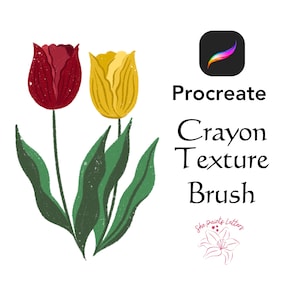 May include: Procreate app icon with a stylized brush stroke, text that reads "Procreate", "Crayon Texture Brush", and a logo that says "She Paints Letters" with a stylized flower design. The image also features two stylized tulips, one red and one yellow.