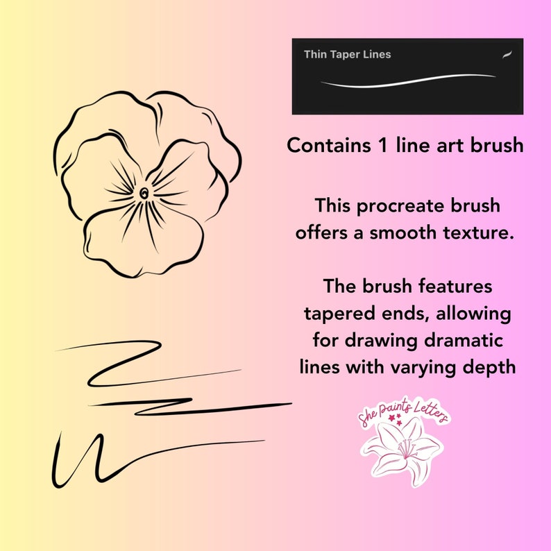 Procreate line art brush, varying thickness, thin to thick lines, 1 brush, Brush name: Thin Taper Lines zdjęcie 2