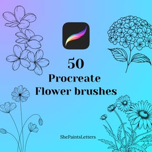 Set von 50 Procreate Blumen Pinseln, Fineline Brush Pack, Floral Botanische Stempelbürsten, Tattoo Art Stamps, Blumen Umriss