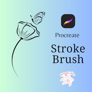 Könnte beinhalten: Schwarz-weiß-Linienzeichnung einer Blume mit einem Schmetterling oben. Der Text "Procreate Stroke Brush" befindet sich unter dem Bild. Der Text "She Paints Letters" befindet sich unter dem Text "Procreate Stroke Brush" mit einer rosa Blumengrafik.