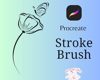 May include: Black and white line art illustration of a flower with a butterfly on top. The text "Procreate Stroke Brush" is below the image. The text "She Paints Letters" is below the text "Procreate Stroke Brush" with a pink flower graphic.