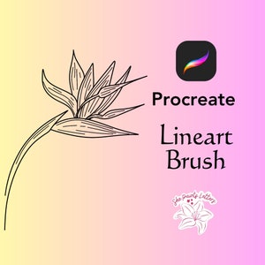May include: A black and white line art illustration of a bird of paradise flower. The image is labeled "Procreate Lineart Brush" and includes a logo for "She Paints Letters".