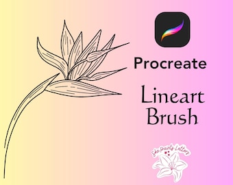 May include: A black and white line art illustration of a bird of paradise flower. The image is labeled "Procreate Lineart Brush" and includes a logo for "She Paints Letters".