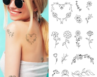 Tatouage semi-permanent | Pack de tatouage floral x 15 unités | Tatouage temporaire | Faux tatouage | Tatouages corps | Dure jusqu'à 2 semaines de tatouage | Pour femme