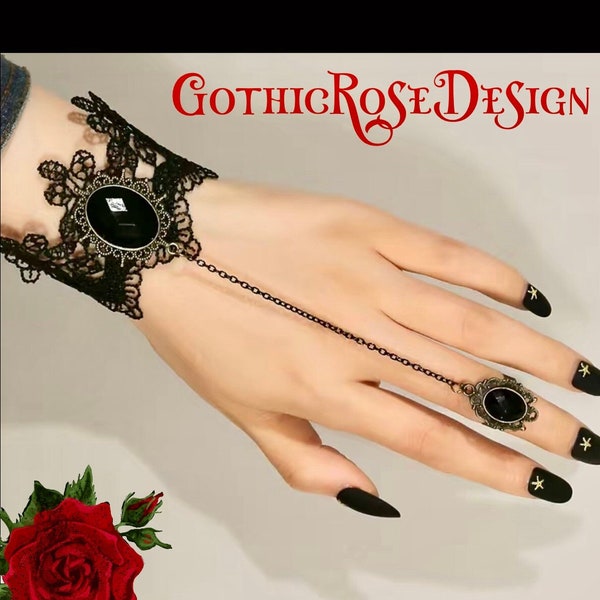 Bague bracelet en dentelle gothique | Bijoux à main en chaîne Goth | Accessoire Cosplay &Emo | Chaîne de poignet en dentelle noire | Manchette de bras d’Halloween | Idée de déguisement