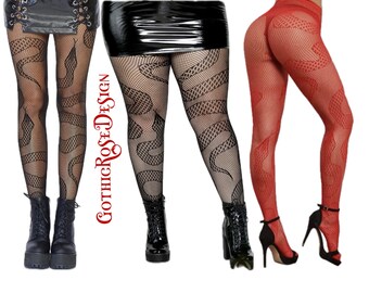 Collants résille noirs | Bonneterie jacquard serpent | Bonneterie gothique avant-gardiste | Mode Kawaii | Collants en maille punk | Style Émo | Halloween