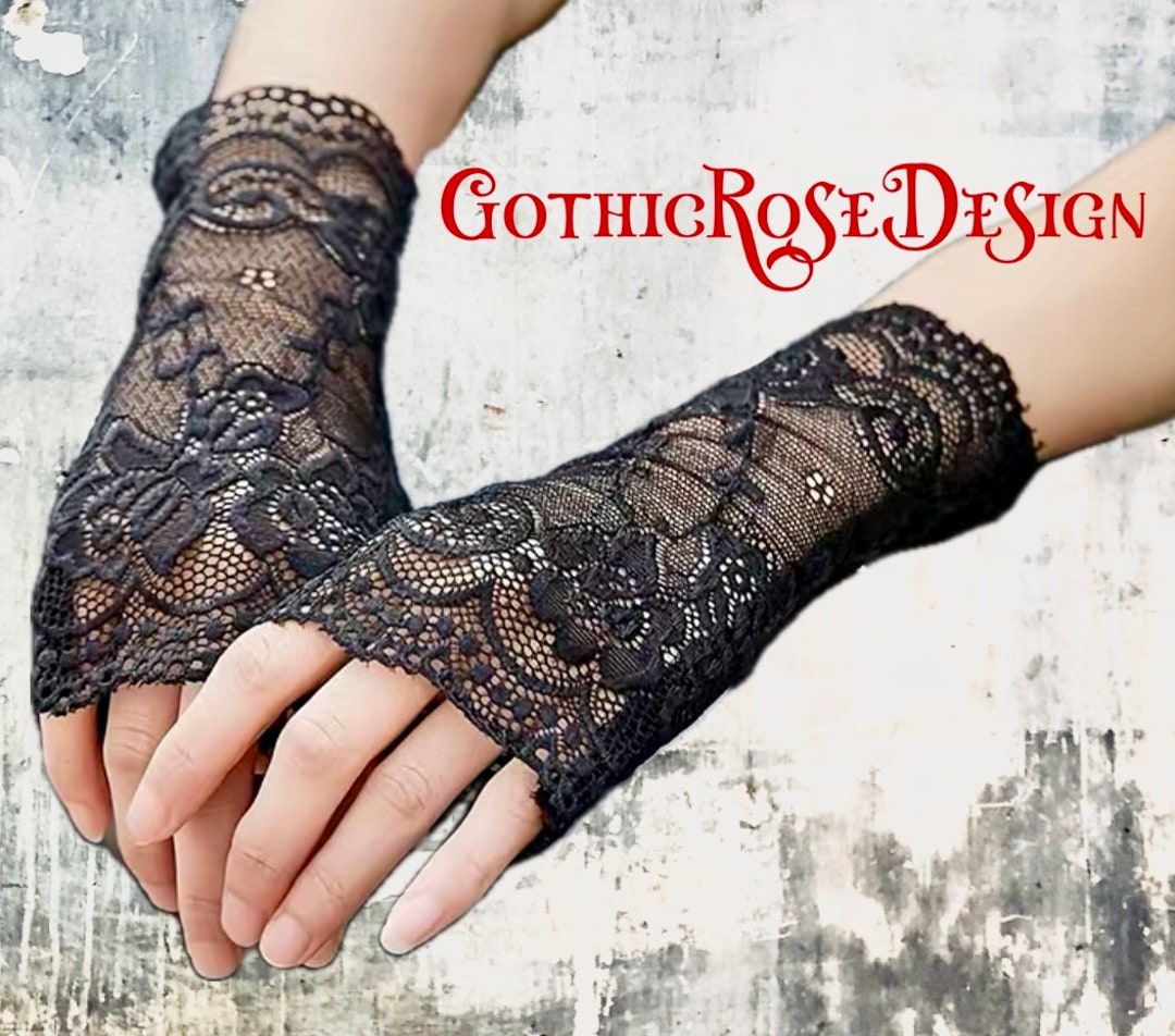 Goth Lace Black Fingerless Gloves Emo Hand Warmers Elegant Etsy