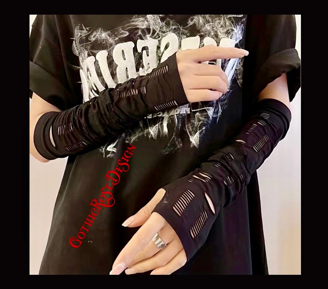 Long Black Fingerless Gloves Goth Ripped Hand Warmers Gothic Arm