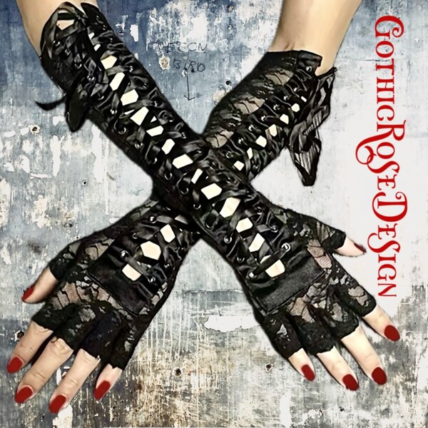 Gants en dentelle noirs | Mitaines gothiques en dentelle | Gants de soirée à lacets style corset | Gants Emo Longs En Résille | Mode Alternative