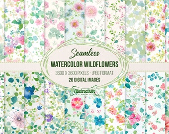 Watercolor Wildflowers Digital Paper, seamless floral printable textures printable scrapbook paper