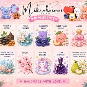 May include: A promotional image for Mikrokosmos Krafts featuring various perfume scents. The image showcases illustrated cards with scent names like "Oud & Dark Cherry" and "Blueberry Bliss", along with cute character illustrations and the text "Handmade with Love."