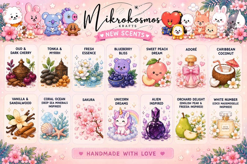 May include: A promotional image for Mikrokosmos Krafts featuring various perfume scents. The image showcases illustrated cards with scent names like "Oud & Dark Cherry" and "Blueberry Bliss", along with cute character illustrations and the text "Handmade with Love."