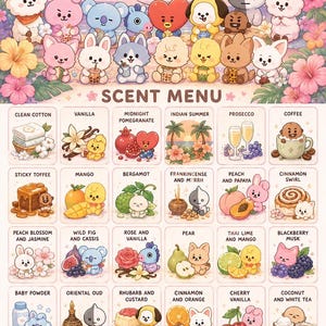 May include: A colorful scent menu featuring cartoon characters and illustrations of various fragrances. The menu includes scents like Clean Cotton, Vanilla, and Midnight Pomegranate, with corresponding images. The text "Handmade with love for you" is also present.