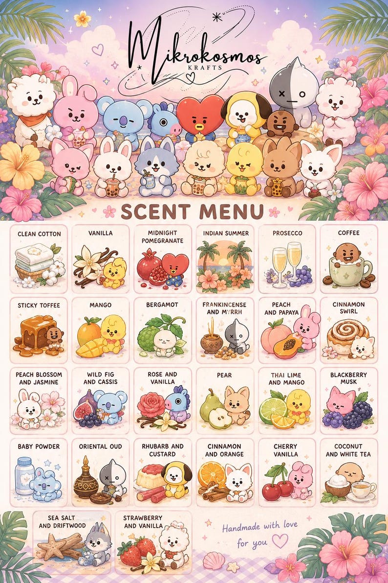 May include: A colorful scent menu featuring cartoon characters and illustrations of various fragrances. The menu includes scents like Clean Cotton, Vanilla, and Midnight Pomegranate, with corresponding images. The text "Handmade with love for you" is also present.