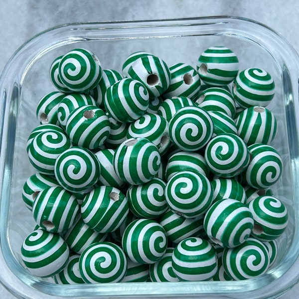 Green Swirl 15mm wood beads, Striped wood beads, Green deco beads, Holiday, DIY wood beads, Spacer beads, vertical drilled