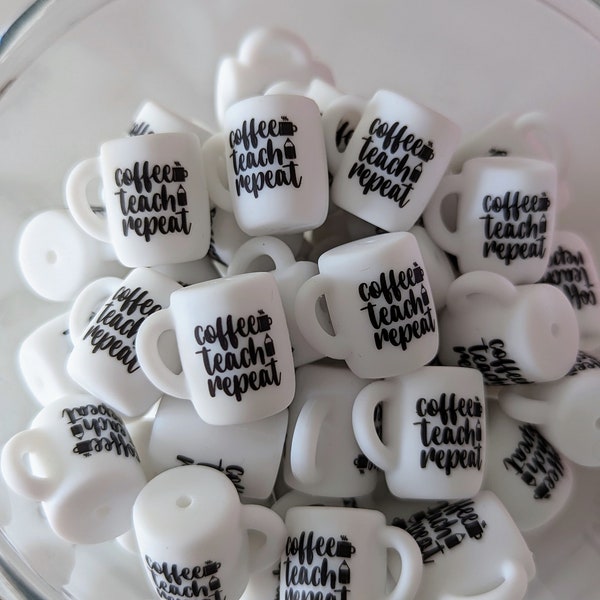 Mini Coffee Teach Repeat mug focal silicone beads, white/black letters, DIY loose beads, crafts, keychains, necklaces, bracelets