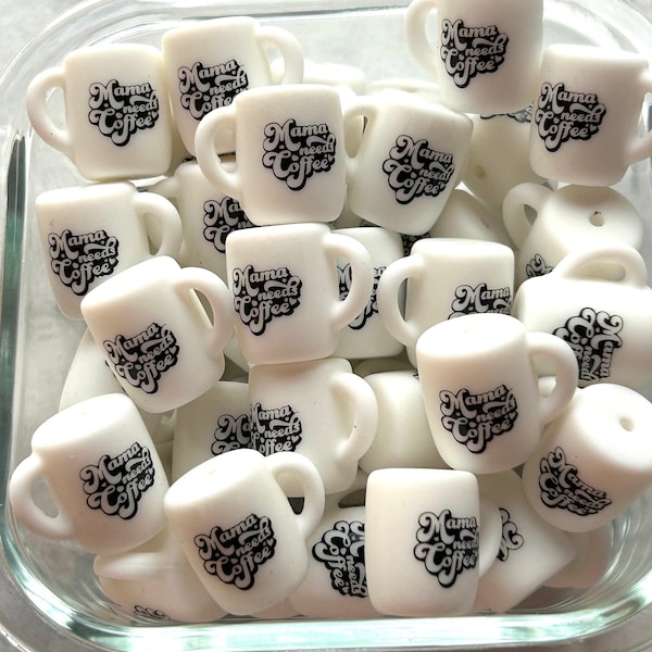 Mini Mama Needs Coffee mug silicone focal beads, white/black letters, DIY loose beads, crafts, keychains, and more!