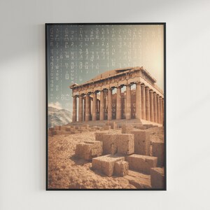 May include: A vintage-style photograph of the Parthenon in Athens, Greece. The image is overlaid with a pattern of white numbers and symbols. The Parthenon is a large, ancient temple with many columns. The temple is surrounded by a field of brown dirt and rocks.