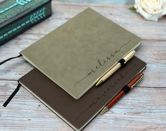 Engraved Leather Journal with Free Wooden Pen, Customized Vegan Leather Notebook,  Corporate gift, Wedding Guestbook, Graduation Gift
