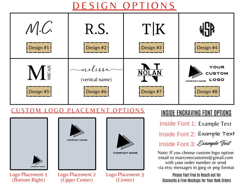 May include: A graphic showcasing design and logo options. It features various initial designs, a name, and a custom logo option. It also displays custom logo placement options and inside engraving font options. Text includes "DESIGN OPTIONS" and "CUSTOM LOGO PLACEMENT OPTIONS."