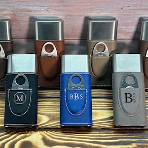 Personalized Leather Cigar Case with Cutter - Custom Engraved Travel Cigar Holder, Luxury Gift for Men, Groomsmen, Father&#39;s Day or Birthday