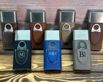 Personalized Leather Cigar Case with Cutter - Custom Engraved Travel Cigar Holder, Luxury Gift for Men, Groomsmen, Father's Day or Birthday