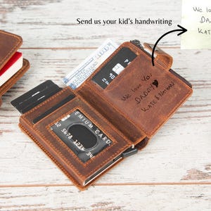 Regalo de escritura a mano para papá, billetera de cuero personalizada para hombre, estuche delgado con cremallera, billetera de viaje con grabado personalizado, regalo para él