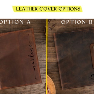 May include: Two brown leather journal covers are displayed. Option A features the name "marlene" in a script font. Option B has a snap closure and the name "Thomas" with a stylized "T" initial. The text "LEATHER COVER OPTIONS" is at the top.