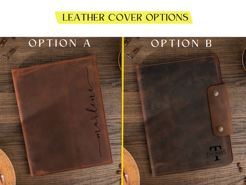 May include: Two brown leather journal covers are displayed. Option A features the name "marlene" in a script font. Option B has a snap closure and the name "Thomas" with a stylized "T" initial. The text "LEATHER COVER OPTIONS" is at the top.
