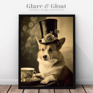 May include: A sepia-toned photograph of a corgi wearing a black top hat with a floral embellishment. The corgi is sitting on a table with a teacup and saucer in front of it.
