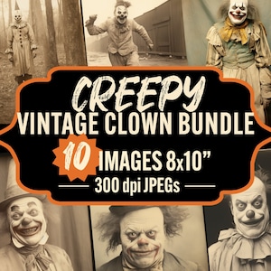 Bundle de pages de clown effrayant, images de style vintage pour scrapbooking, journal indésirable, travaux de collage, cirque sombre Halloween étrange effrayant carnaval