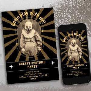 Plantilla de invitación editable de Canva de un payaso espeluznante y aterrador para una fiesta de disfraces de Halloween o cumpleaños, invitación imprimible