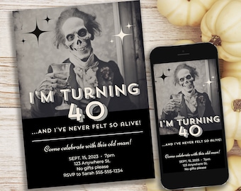 Plantilla de Canva para invitación de cumpleaños editable, fiesta de 40 cumpleaños, invitación imprimible de Halloween "Over the Hill", divertida para un anciano de cuarenta años.