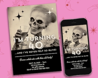 Plantilla de Canva para invitación de cumpleaños editable, Mujeres que cumplen 40 años, Fiesta de Halloween para los 40, Invitación imprimible para "Over the Hill", Divertida para una anciana de cuarenta años
