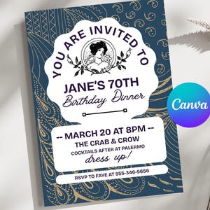 Bearbeitbare Vintage Einladung zum Abendessen | Jugendstil oder Regency Canva Template | Elegante 70er Jahre Party einladen | Sofort Download